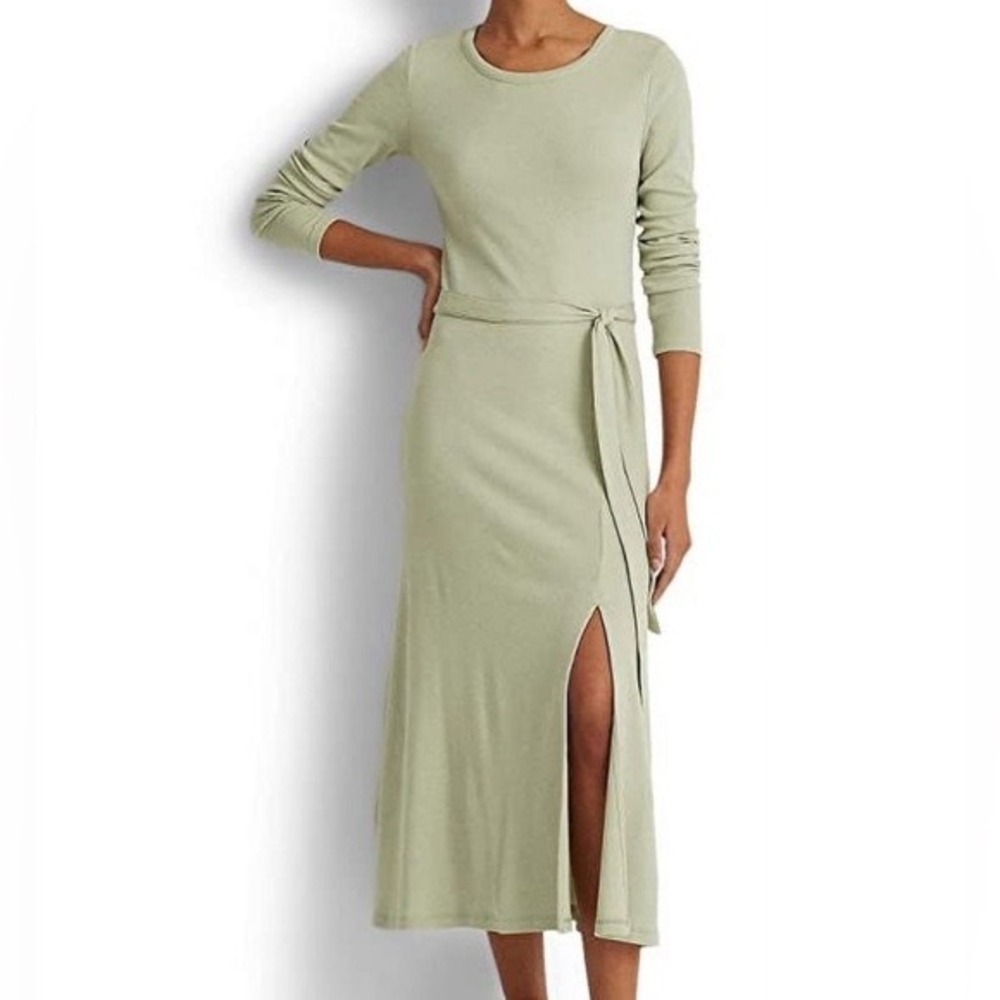 Lauren Ralph Lauren Sage Green Ribbed Knit Long Sleeve Tie Waist Midi Dress S